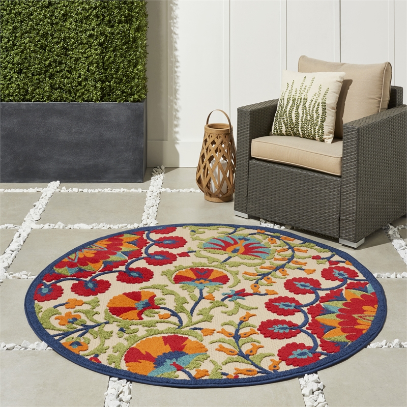 Pemberly Row 4' Round Red/Multi Indoor/Outdoor Polypropylene Rug