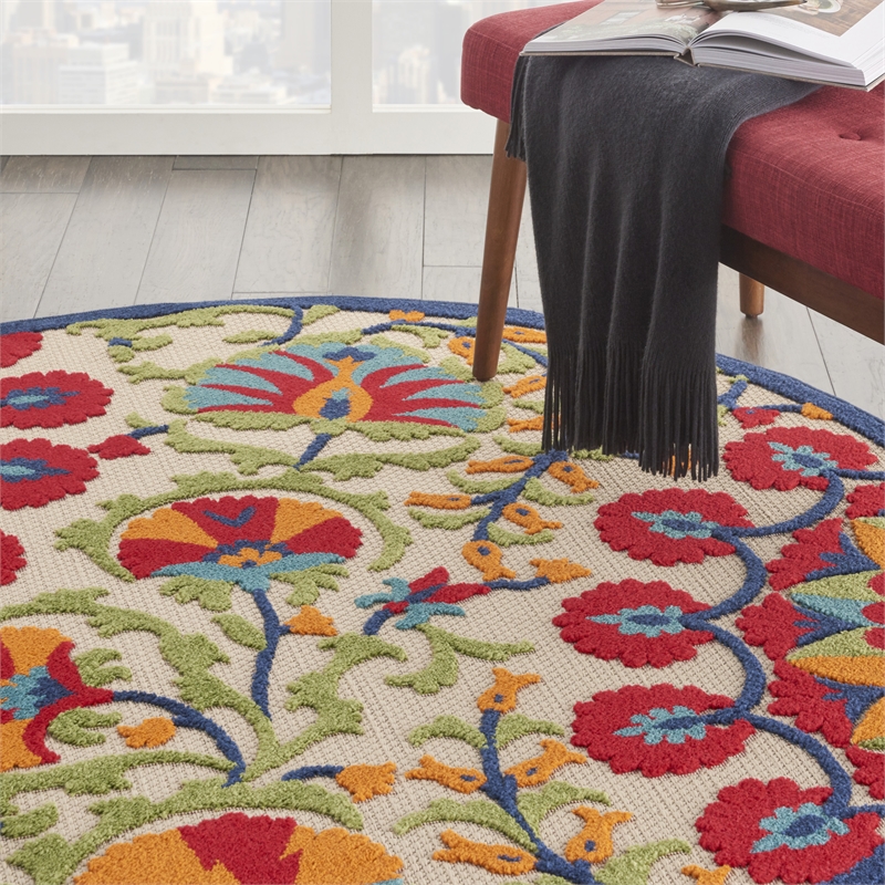 Pemberly Row 4' Round Red/Multi Indoor/Outdoor Polypropylene Rug