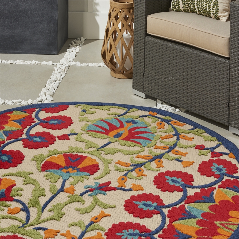 Pemberly Row 4' Round Red/Multi Indoor/Outdoor Polypropylene Rug