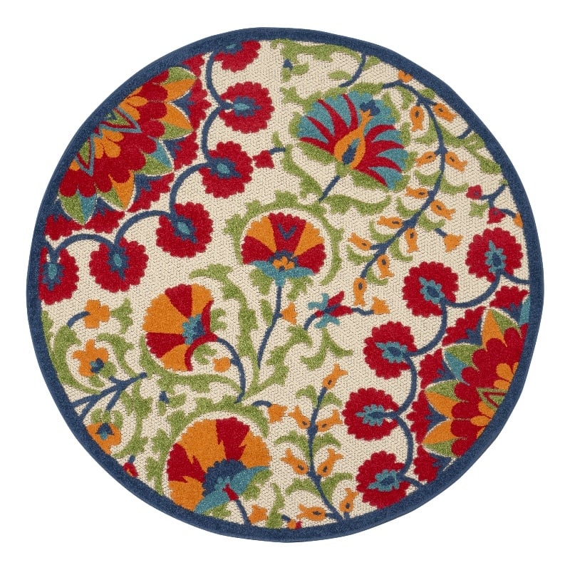 Pemberly Row 4' Round Red/Multi Indoor/Outdoor Polypropylene Rug