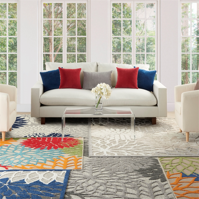 Pemberly Row Contemporary 2'x6' Blue/Multicolor Indoor/Outdoor Rug