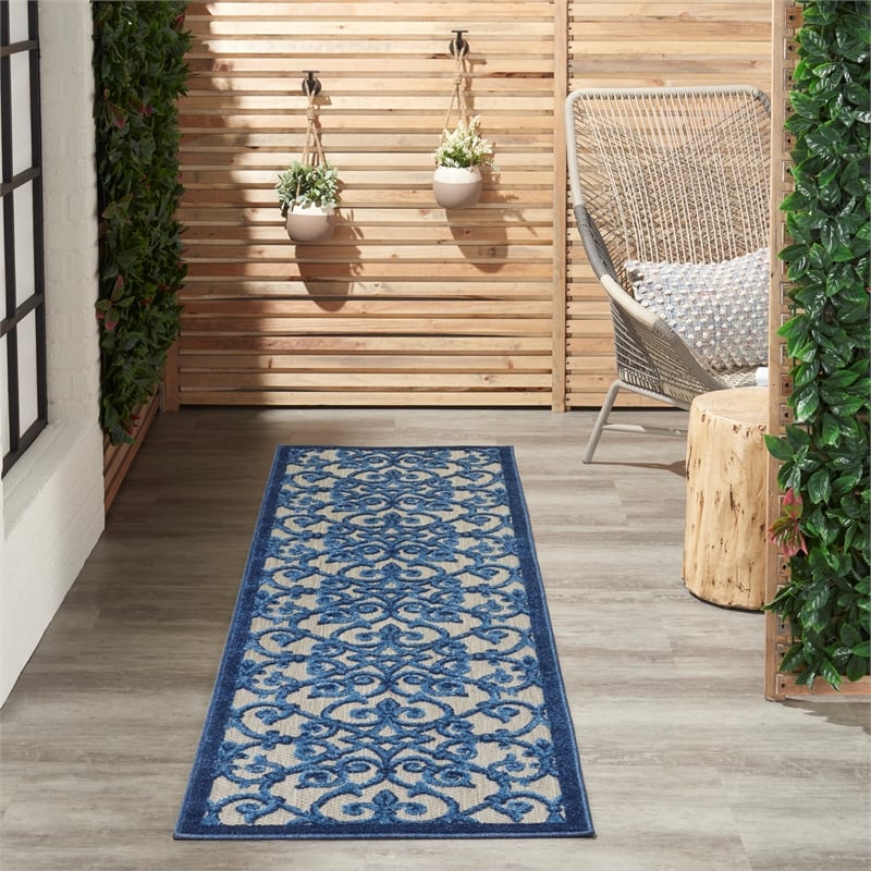 Pemberly Row Contemporary 2'x6' Gray/Blue Indoor/Outdoor Rug