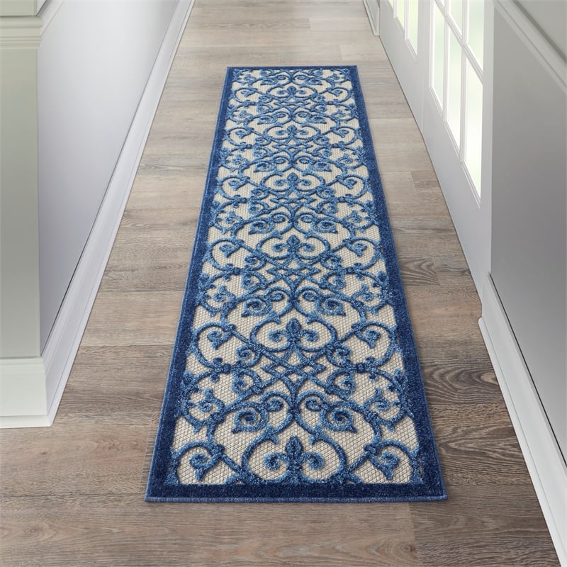 Pemberly Row Contemporary 2'x6' Gray/Blue Indoor/Outdoor Rug