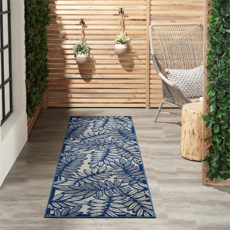 Pemberly Row 6' Runner Ivory Navy Fabric Tropical Area Rug (6' Runner)