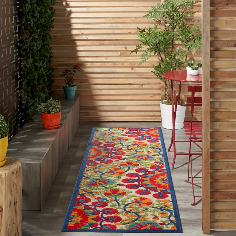 Pemberly Row Contemporary 2'x6' Red/Multi Indoor/Outdoor Rug