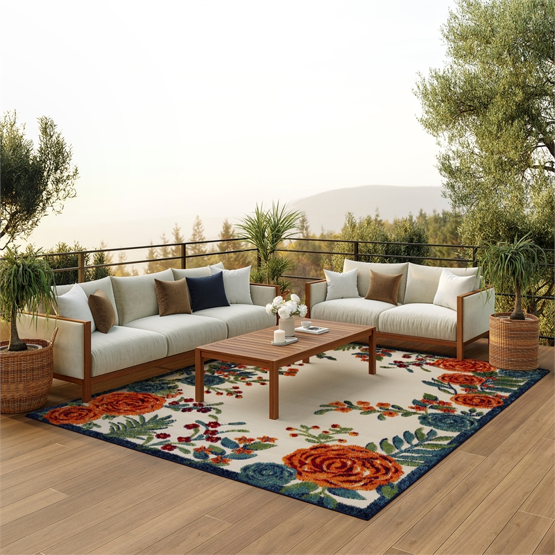 Pemberly Row Contemporary 6'x9' Ivory Multicolor Fabric Outdoor Area Rug