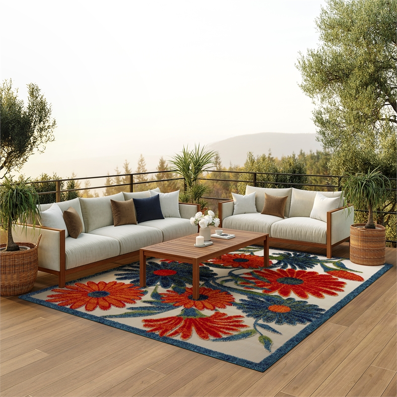 Pemberly Row Contemporary 6'x9' Ivory Multicolor Fabric Outdoor Area Rug