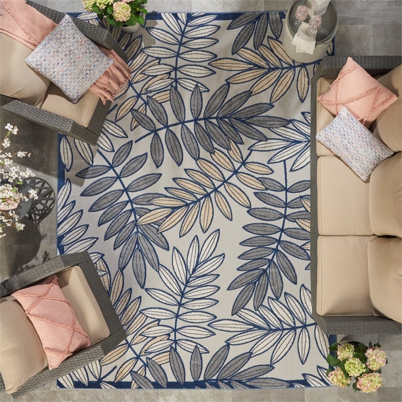 Pemberly Row Contemporary 8'x11' Ivory Navy Fabric Tropical Area Rug