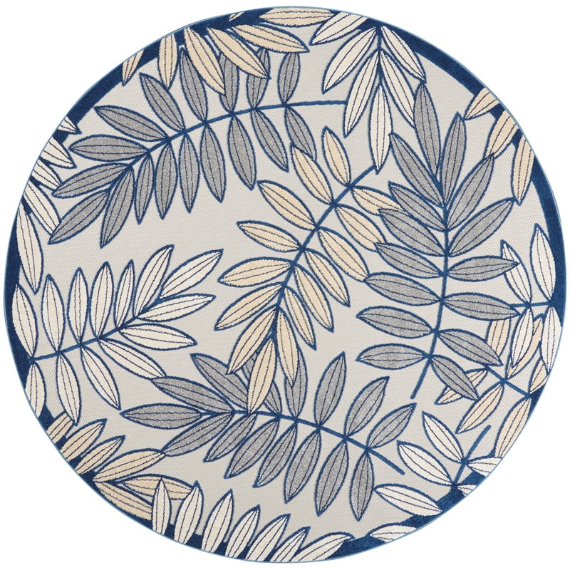 Pemberly Row Contemporary 8' Round Ivory Navy Fabric Tropical Area Rug