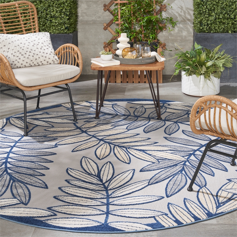 Pemberly Row Contemporary 8' Round Ivory Navy Fabric Tropical Area Rug
