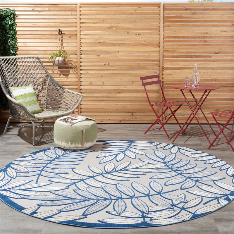 Pemberly Row Contemporary 8' Round Ivory Navy Fabric Tropical Area Rug