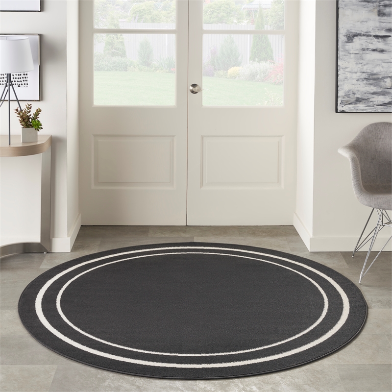 Pemberly Row 8' Round Black Ivory Contemporary Indoor/Outdoor Rug