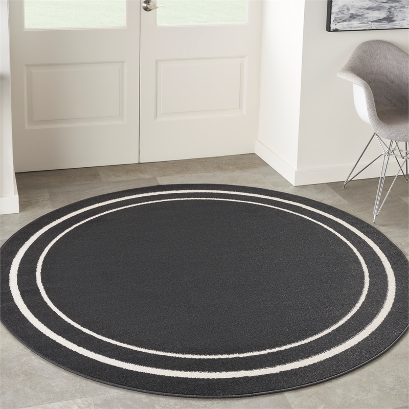 Pemberly Row 8' Round Black Ivory Contemporary Indoor/Outdoor Rug