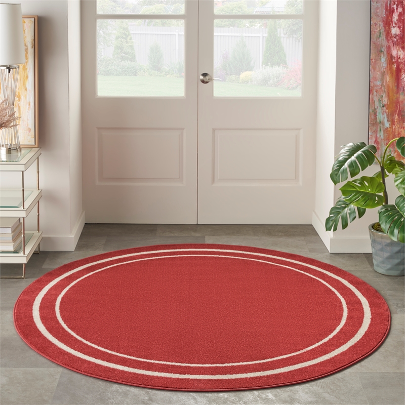 Pemberly Row 8' Round Brick/Ivory Contemporary Indoor/Outdoor Rug