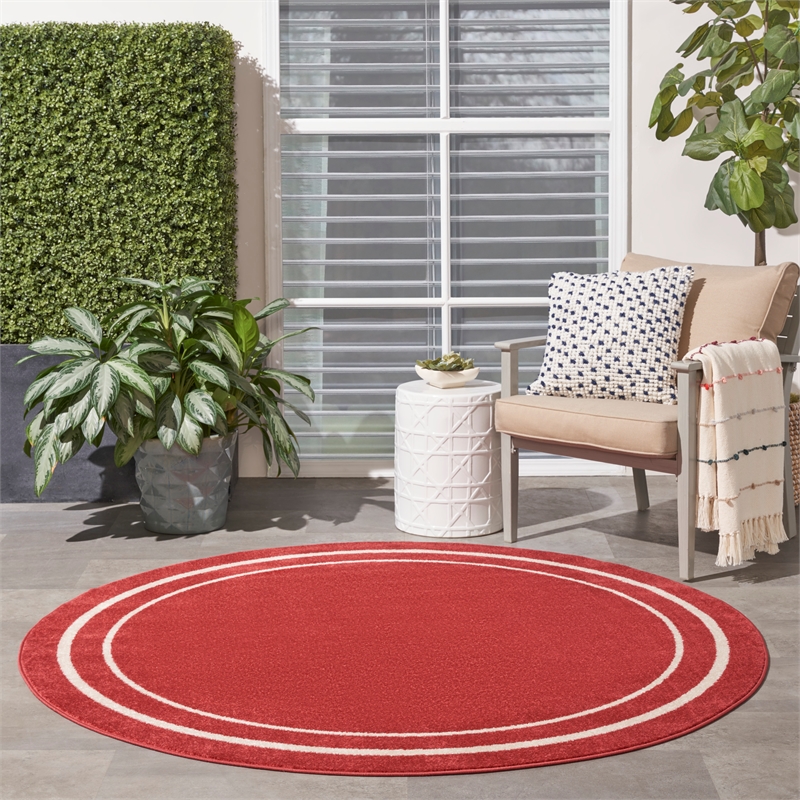 Pemberly Row 8' Round Brick/Ivory Contemporary Indoor/Outdoor Rug