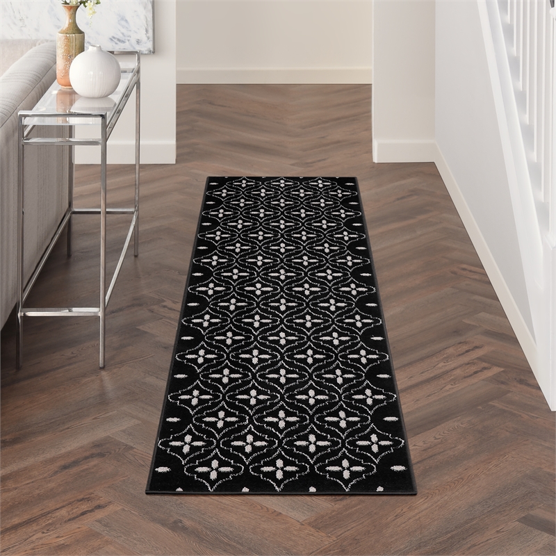 Pemberly Row Contemporary 8' Runner Black Ivory Fabric Area Rug