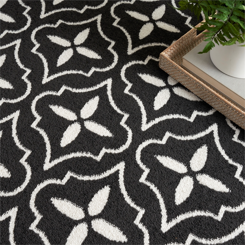 Pemberly Row Contemporary 8' Runner Black Ivory Fabric Area Rug