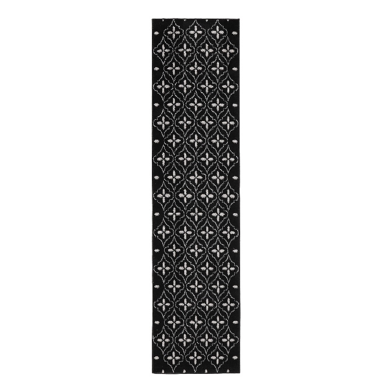 Pemberly Row Contemporary 8' Runner Black Ivory Fabric Area Rug