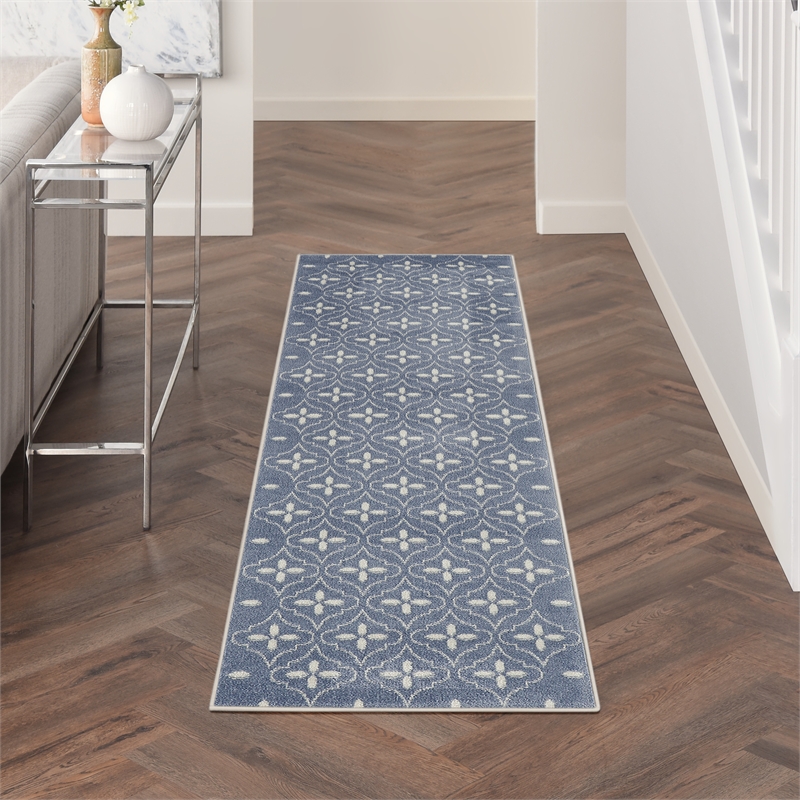 Pemberly Row Contemporary 8' Runner Blue Ivory Fabric Area Rug