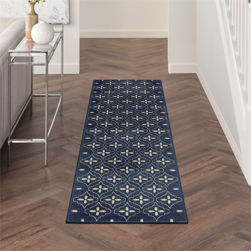 Pemberly Row Contemporary 8' Runner Navy Ivory Fabric Area Rug