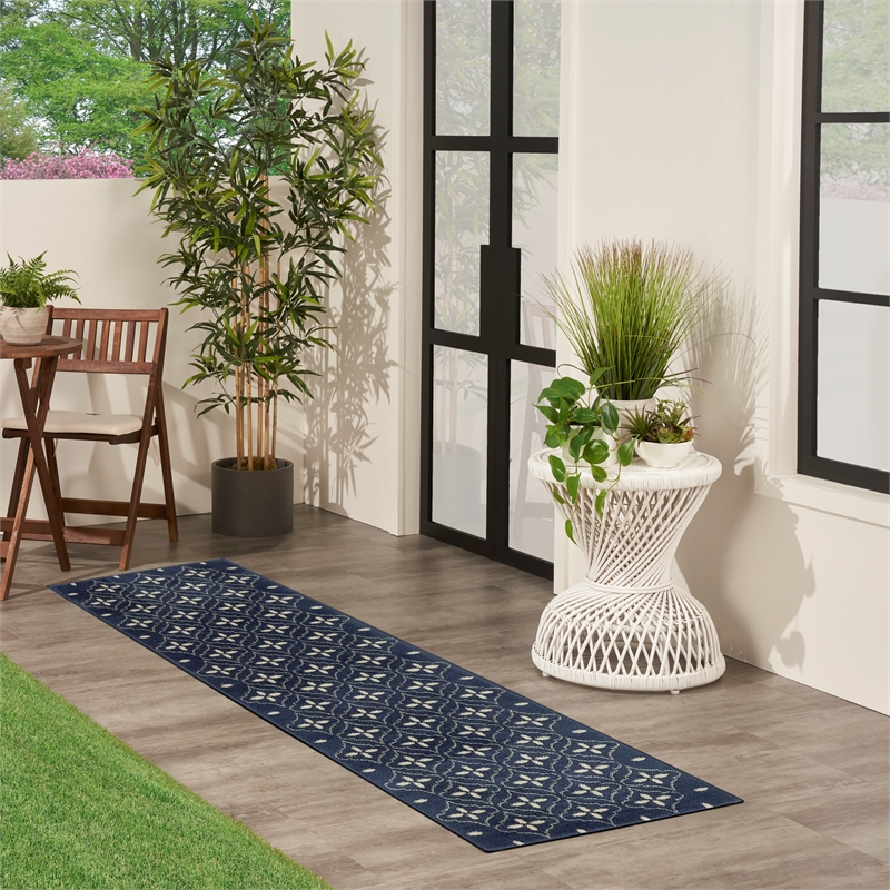 Pemberly Row Contemporary 8' Runner Navy Ivory Fabric Area Rug