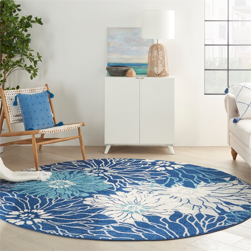 Pemberly Row 8' Round Navy Ivory Fabric Contemporary Area Rug