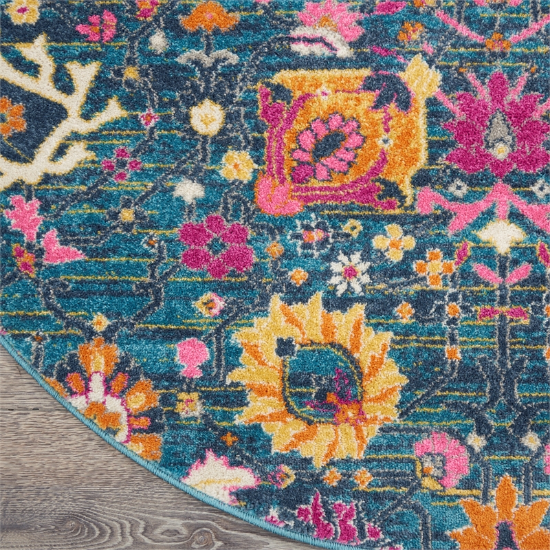 Pemberly Row Transitional 8' Round Denim Fabric Bohemian Area Rug