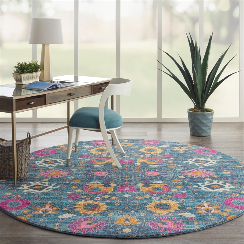 Pemberly Row Transitional 8' Round Denim Fabric Bohemian Area Rug