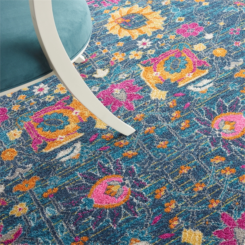 Pemberly Row Transitional 8' Round Denim Fabric Bohemian Area Rug