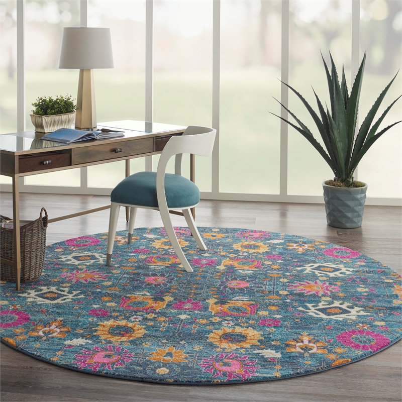 Pemberly Row Transitional 8' Round Denim Fabric Bohemian Area Rug