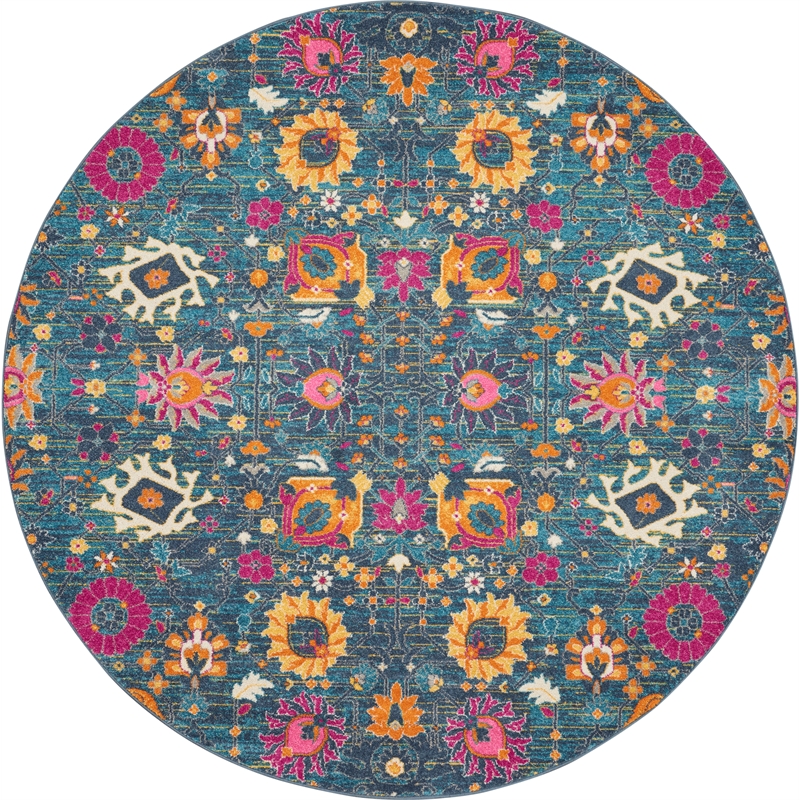 Pemberly Row Transitional 8' Round Denim Fabric Bohemian Area Rug