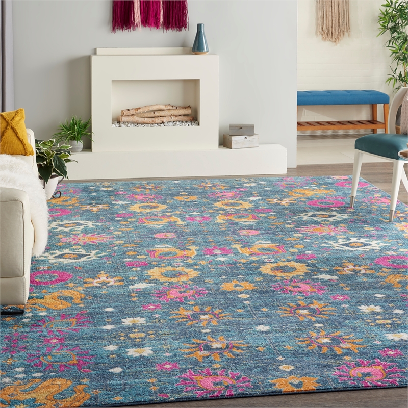 Pemberly Row Transitional 9'x12' Denim Fabric Bohemian Area Rug