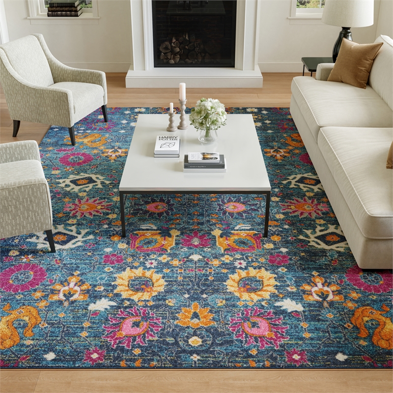 Pemberly Row Transitional 9'x12' Denim Fabric Bohemian Area Rug