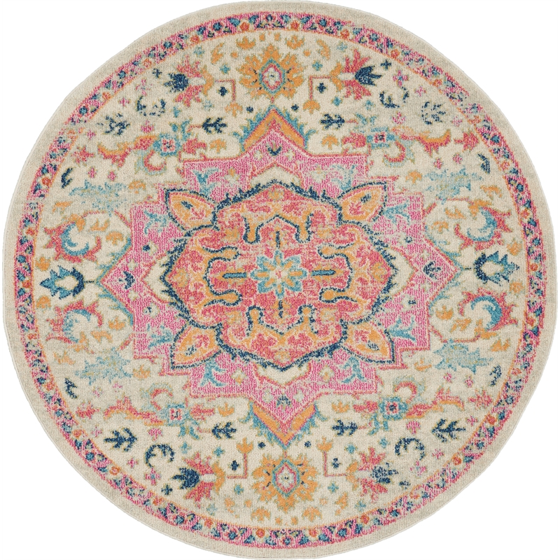 Pemberly Row Transitional 5' Round Ivory Pink Fabric Bohemian Area Rug