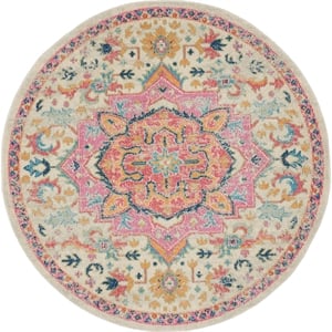 Pemberly Row Transitional 5' Round Ivory Pink Fabric Bohemian Area Rug