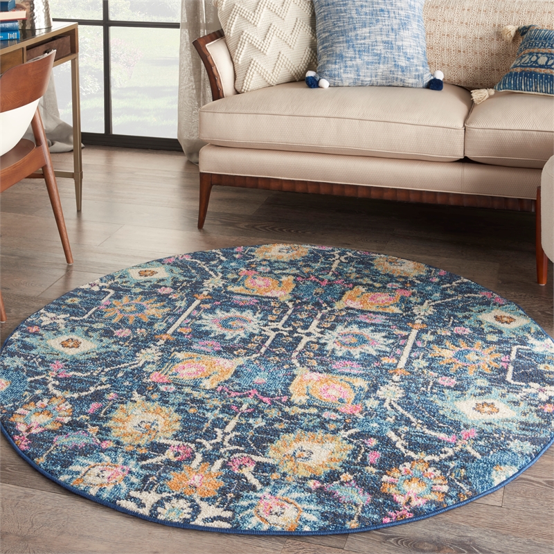Pemberly Row Transitional 5' Round Navy Fabric Bohemian Area Rug