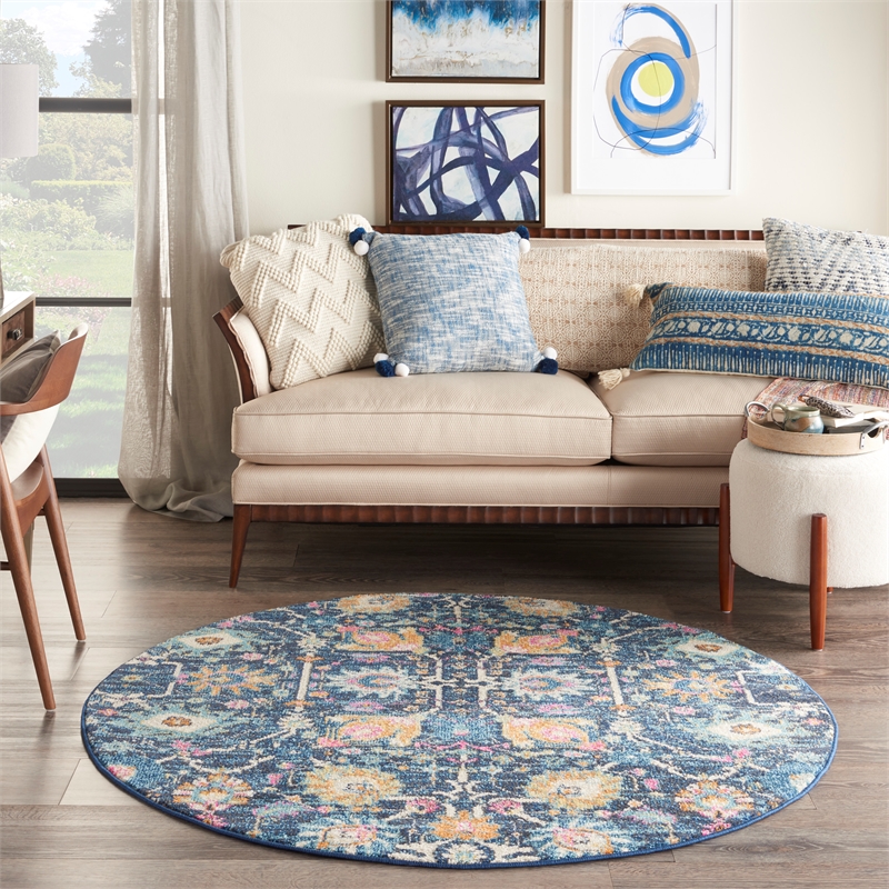 Pemberly Row Transitional 5' Round Navy Fabric Bohemian Area Rug