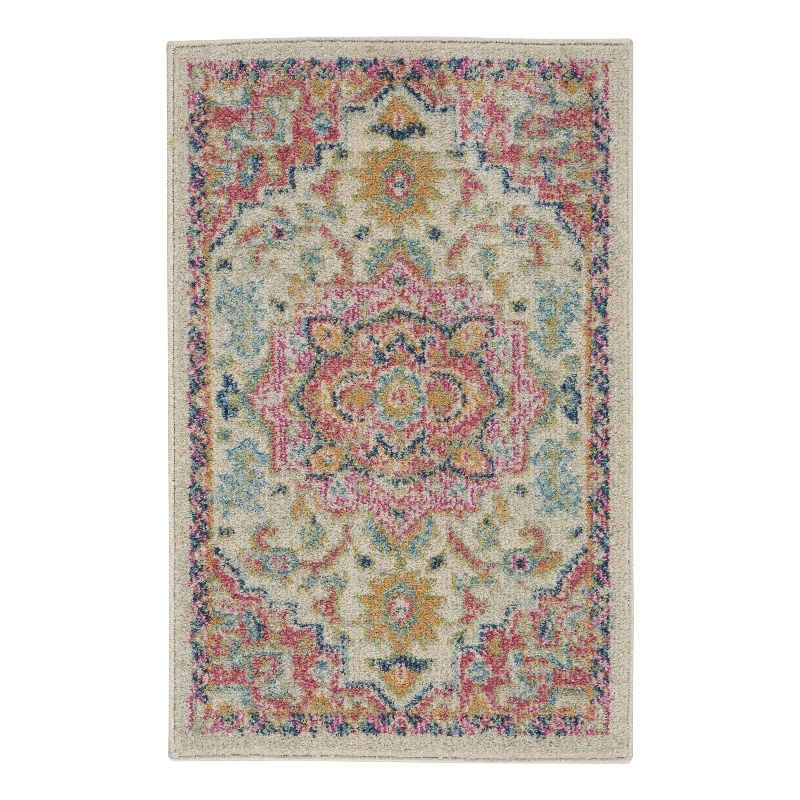 Pemberly Row Transitional 2'x3' Ivory Pink Fabric Bohemian Area Rug