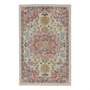 Pemberly Row Transitional 2'x3' Ivory Pink Fabric Bohemian Area Rug