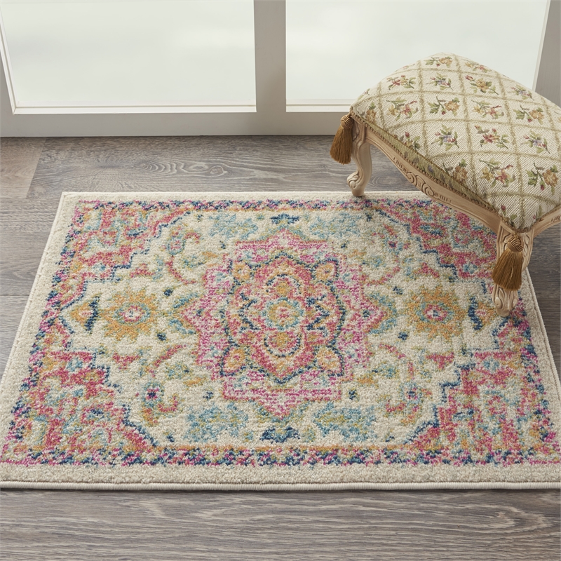 Pemberly Row Transitional 2'x3' Ivory Pink Fabric Bohemian Area Rug
