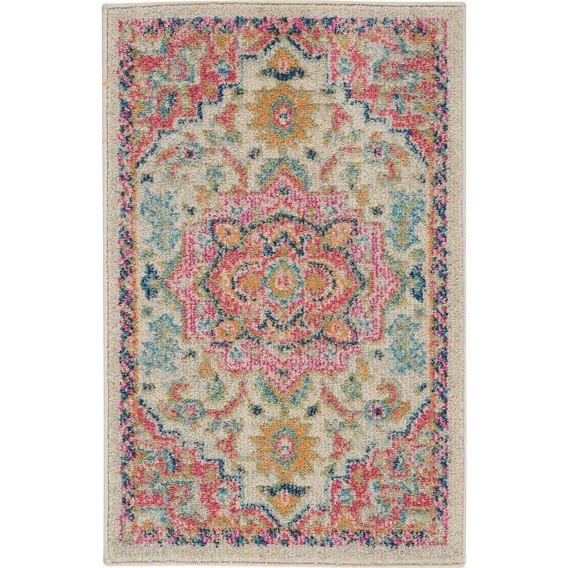 Pemberly Row Transitional 2'x3' Ivory Pink Fabric Bohemian Area Rug