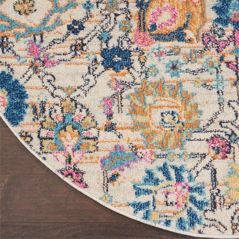 Pemberly Row 4' Round Ivory Multicolor Fabric Bohemian Area Rug
