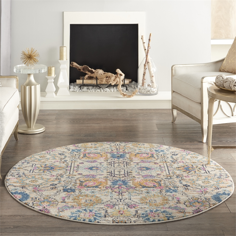 Pemberly Row 4' Round Ivory Multicolor Fabric Bohemian Area Rug
