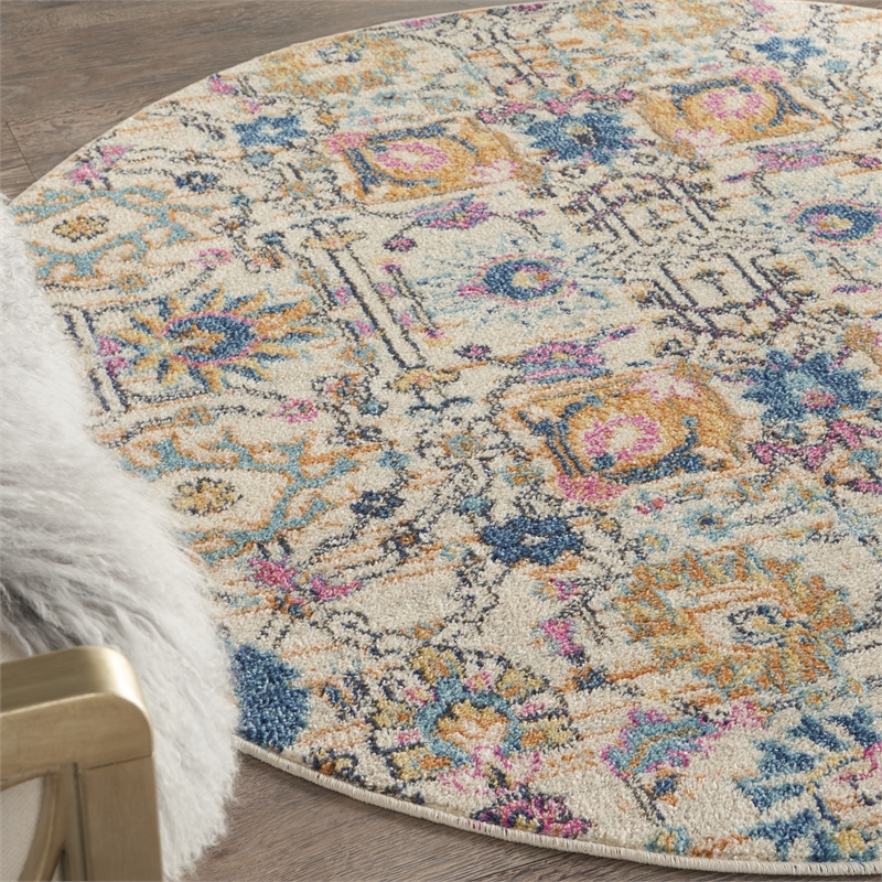 Pemberly Row 4' Round Ivory Multicolor Fabric Bohemian Area Rug
