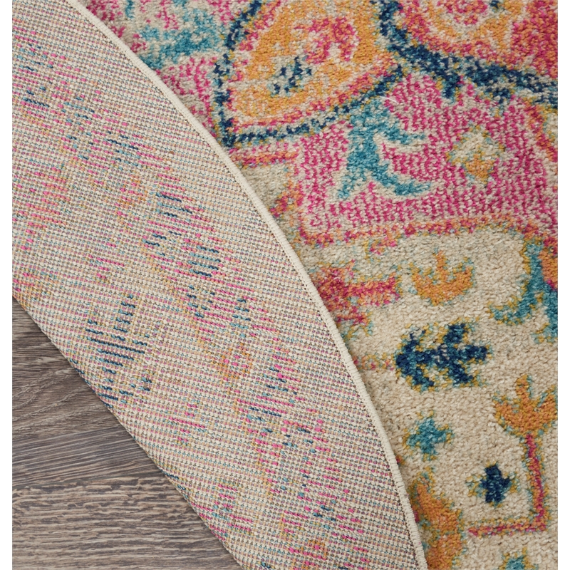 Pemberly Row Transitional 4' Round Ivory Pink Fabric Bohemian Area Rug