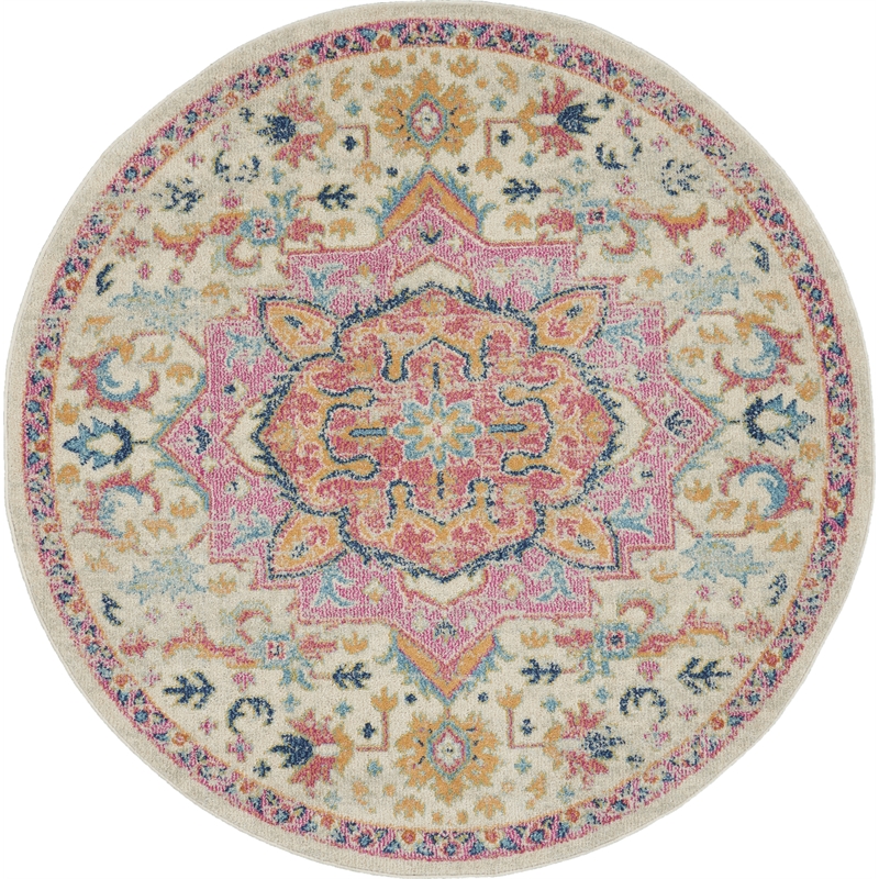 Pemberly Row Transitional 4' Round Ivory Pink Fabric Bohemian Area Rug