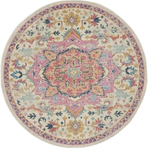 Pemberly Row Transitional 4' Round Ivory Pink Fabric Bohemian Area Rug
