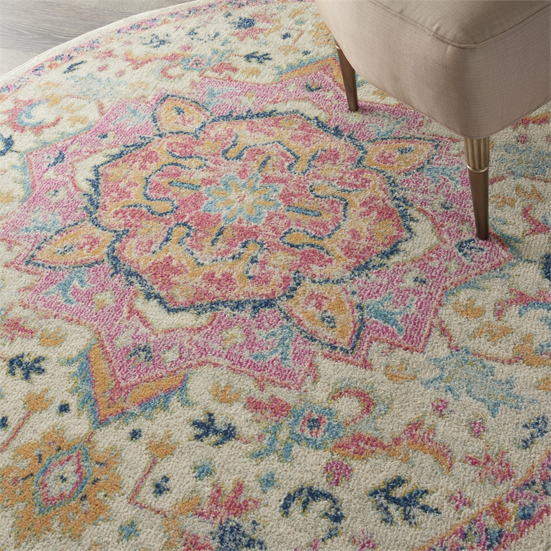 Pemberly Row Transitional 4' Round Ivory Pink Fabric Bohemian Area Rug