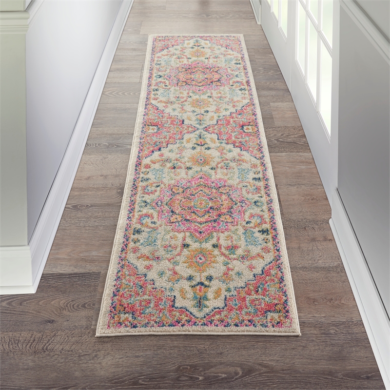 Pemberly Row Transitional 6' Runner Ivory Pink Fabric Bohemian Area Rug