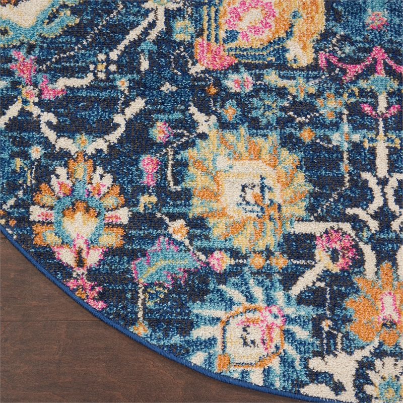 Pemberly Row Transitional 4' Round Navy Fabric Bohemian Area Rug